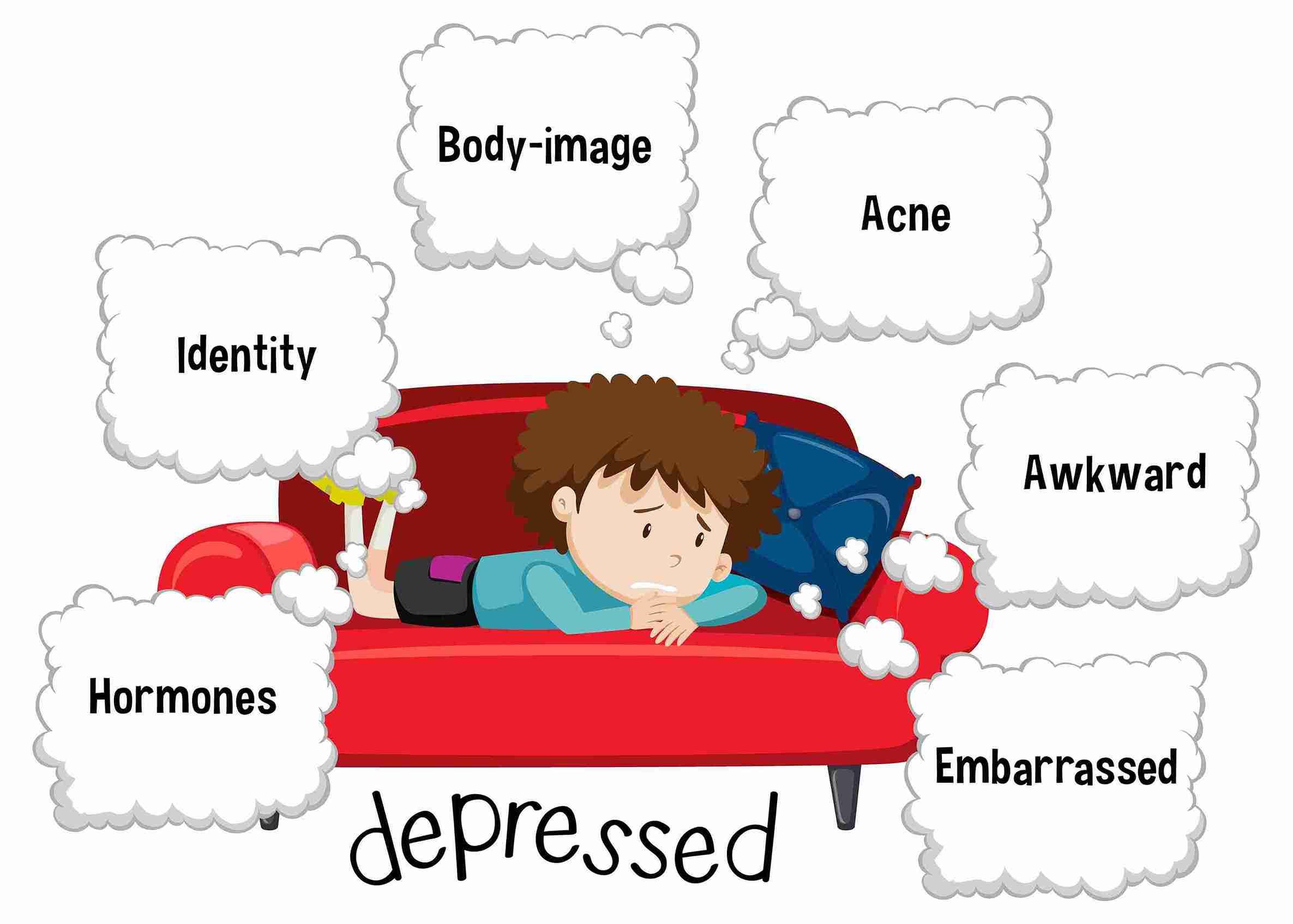 High Functioning Depression cartoon boy on red sofa with depressed mood